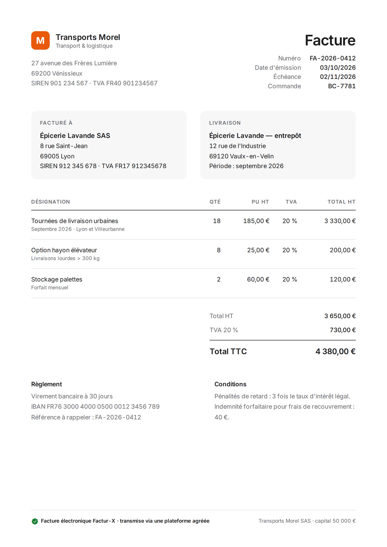 Facture électronique au format Factur-X transmise via une plateforme agréée